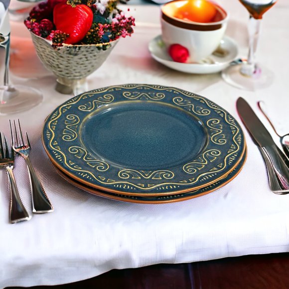 Set of 2 Pier 1 TUNISIA 8 1/2" Blue with Tan Scroll Lunch/Salad Plates - Picture 1 of 8